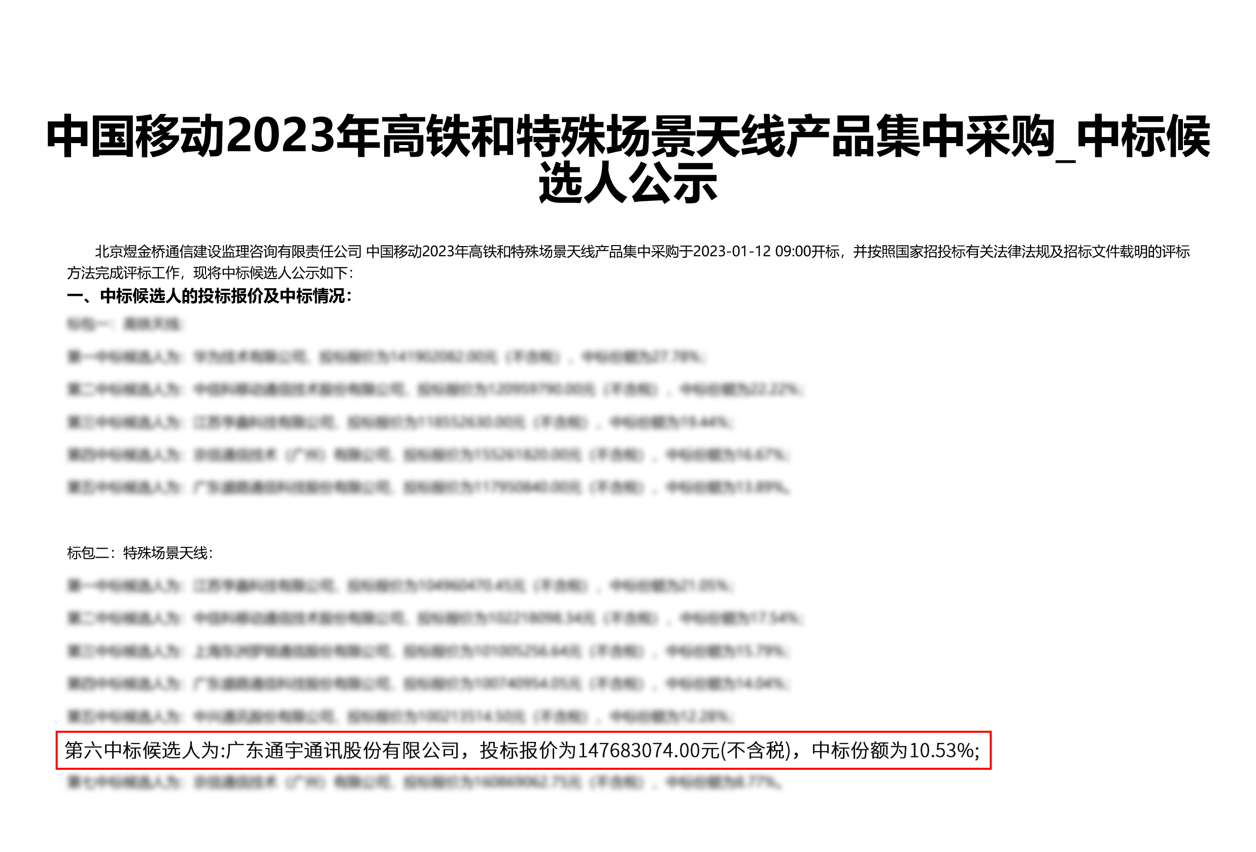 Battle Report | Tongyu Communications won the bid for China Mobile’s 2023 high-speed rail and special scene antenna product centralized procurement project